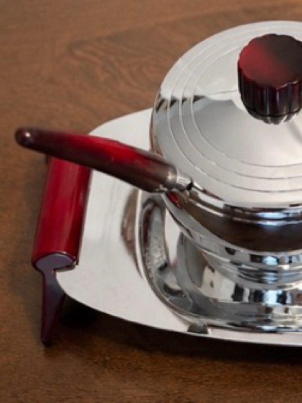 Vintage Mid-Century Chrome Cream & Sugar Set with Tray | Red Lucite Handles - Picture 4 of 6